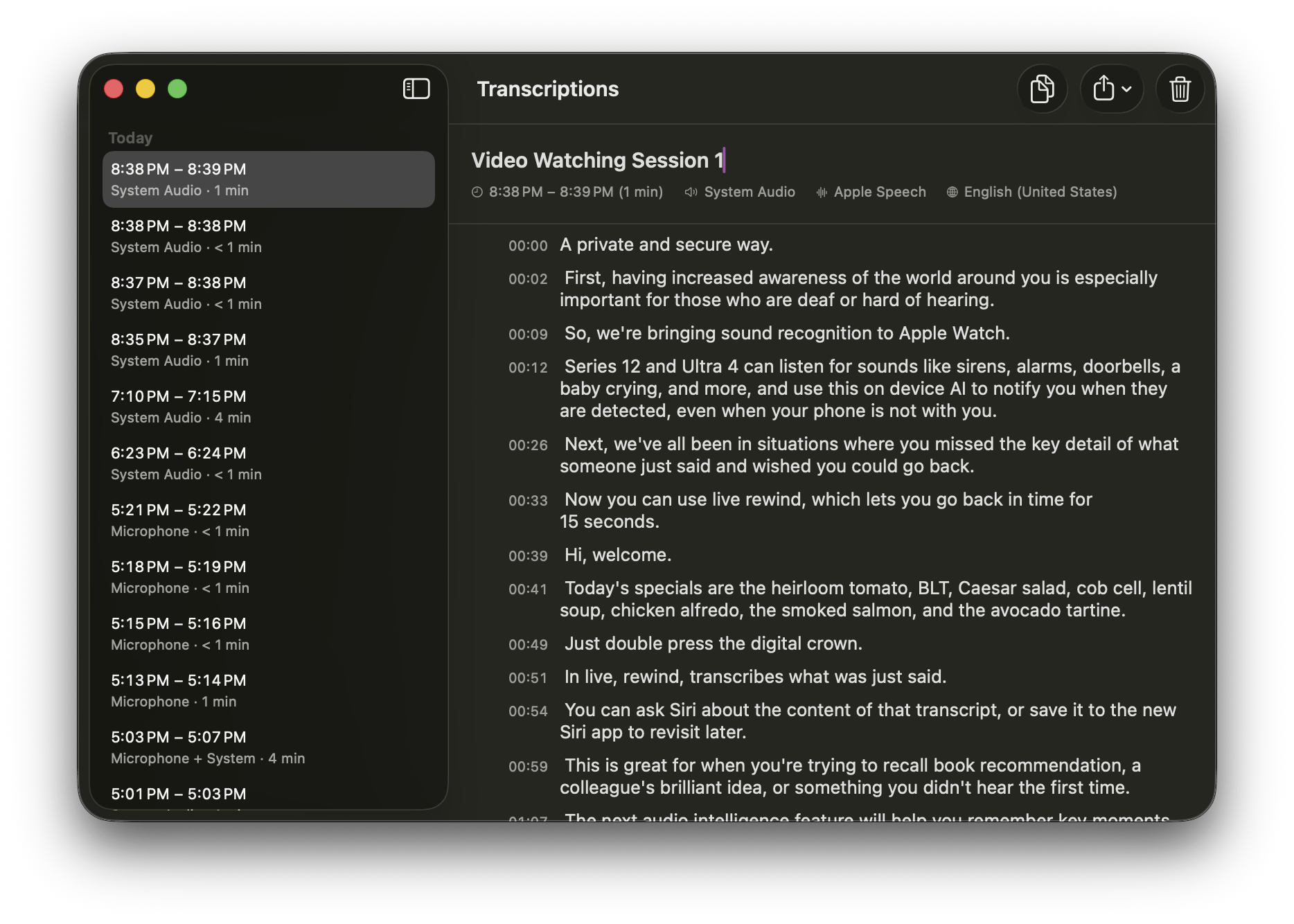 Stenotypist’s Transcriptions window with a sidebar of saved sessions and a timestamped transcript.
